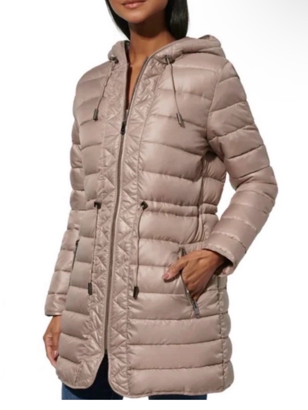 NWOT Kenneth Cole Quilted Hooded Puffer Coat - Blush Taupe L
